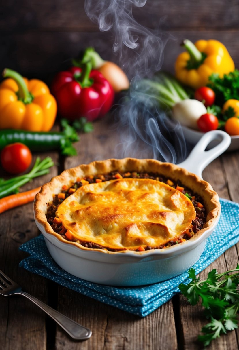 A steaming shepherd's pie sits on a rustic wooden table, surrounded by a colorful array of mixed vegetables