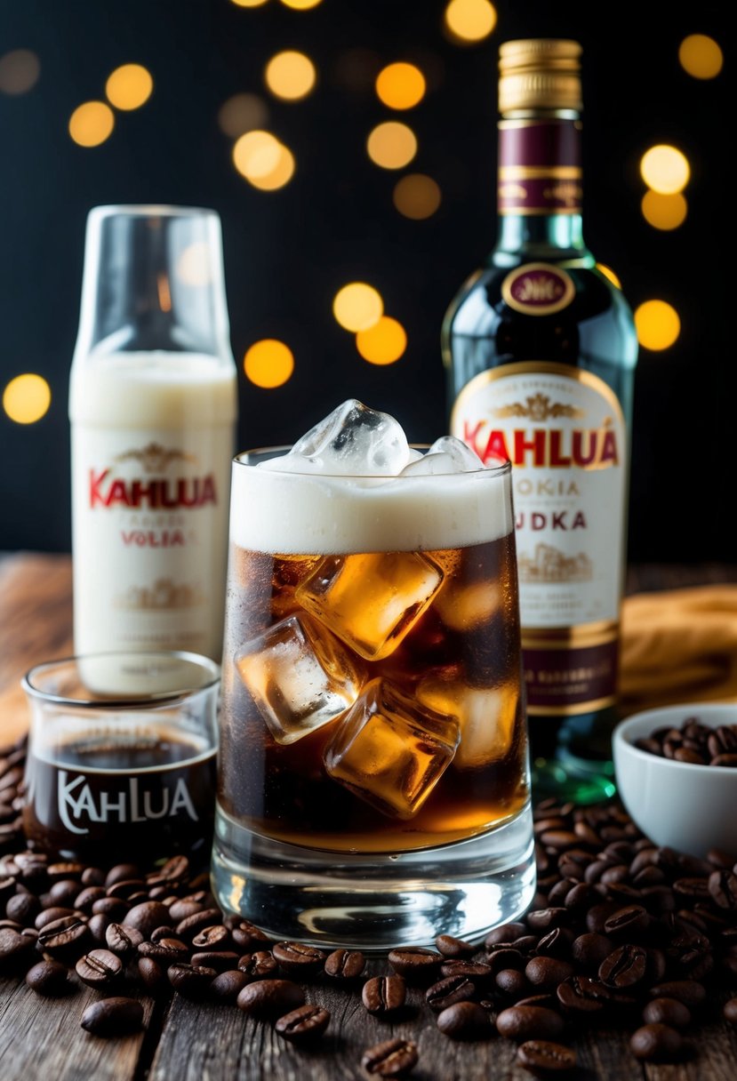 A glass filled with ice, Kahlua, vodka, and cream, surrounded by coffee beans and a bottle of Kahlua