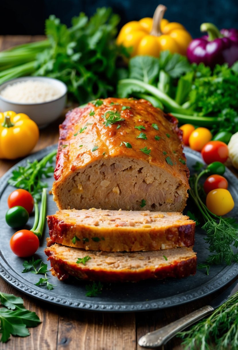 A golden-brown turkey meatloaf sits on a rustic wooden table, surrounded by vibrant, fresh vegetables and herbs