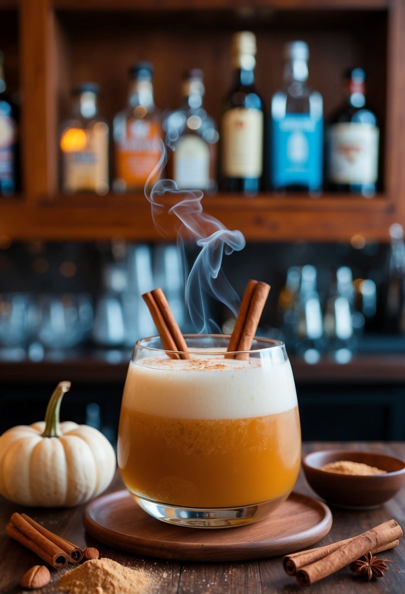 A cozy bar scene with a steaming Pumpkin Spice White Russian cocktail surrounded by cinnamon sticks and nutmeg