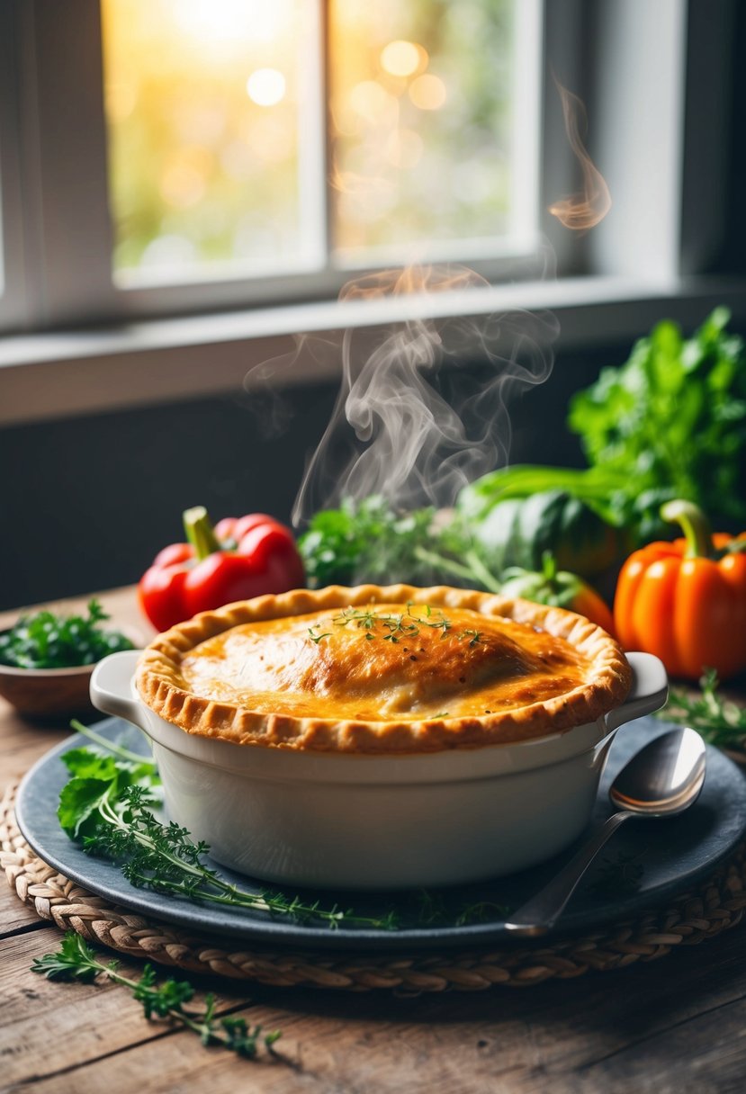 A steaming chicken pot pie sits on a rustic wooden table, surrounded by fresh vegetables and herbs. Sunlight filters through a nearby window, casting a warm glow over the comforting dish