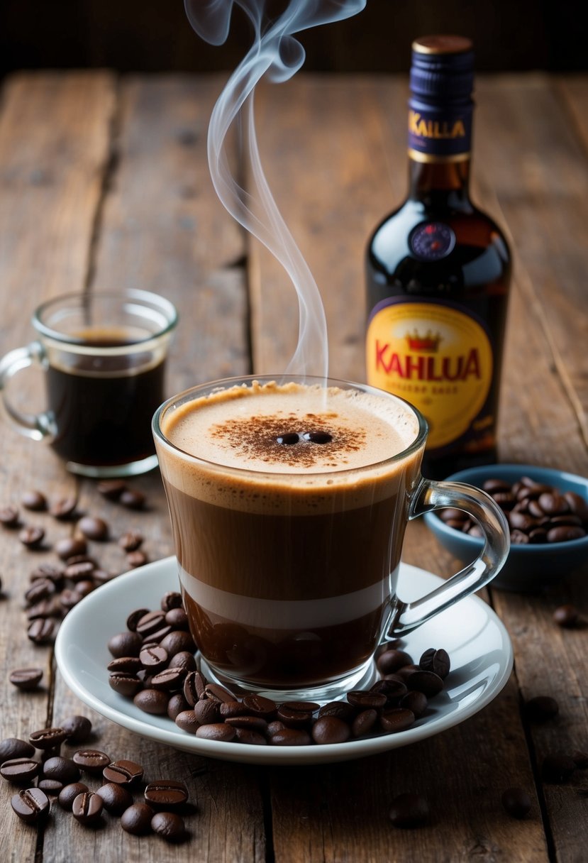 A steaming cup of chocolate-caramel rum coffee with Kahlua sits on a rustic wooden table, surrounded by scattered coffee beans and a bottle of Kahlua