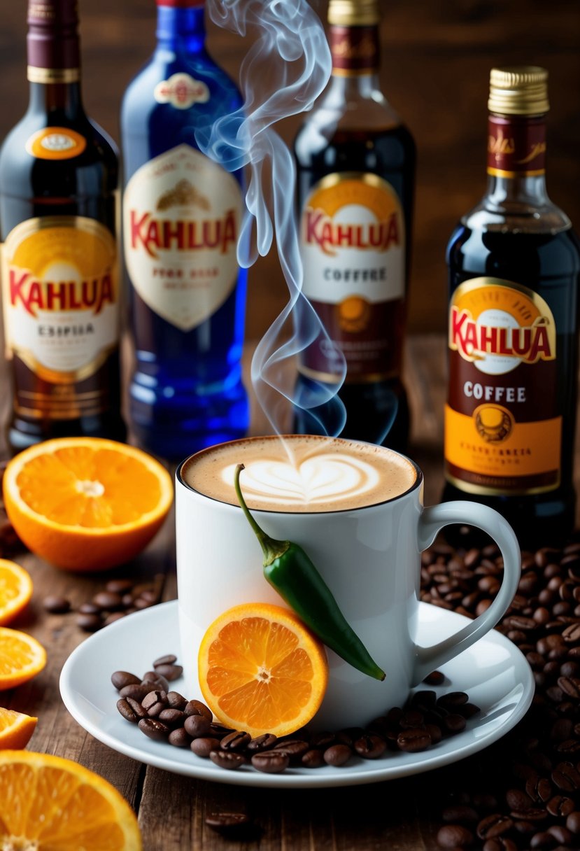 A steaming mug of coffee with chili peppers and orange slices, surrounded by Kahlua bottles and coffee beans