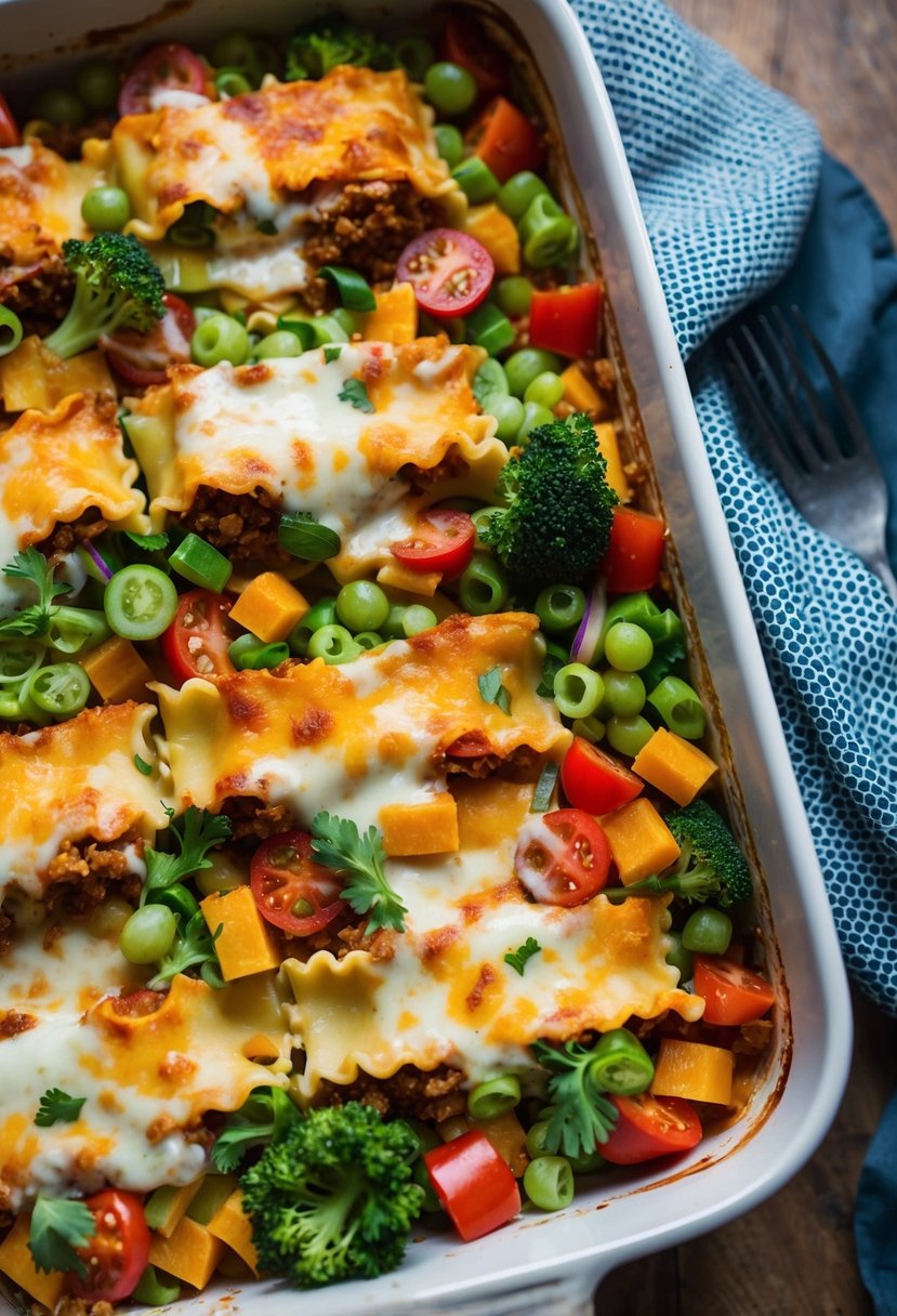 A colorful array of fresh vegetables, layers of lasagna noodles, and creamy cheese sauce, baked to perfection in a casserole dish