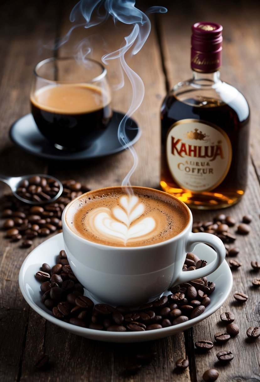 A steaming cup of Kahlua coffee sits on a rustic wooden table, surrounded by coffee beans and a bottle of Kahlua liqueur