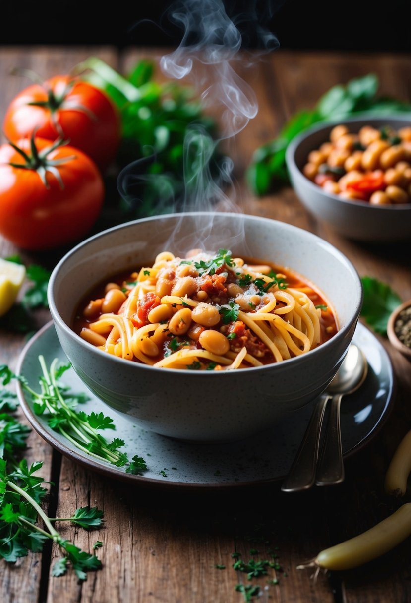 A steaming bowl of pasta e fagioli sits on a rustic wooden table, surrounded by fresh ingredients like tomatoes, beans, and herbs