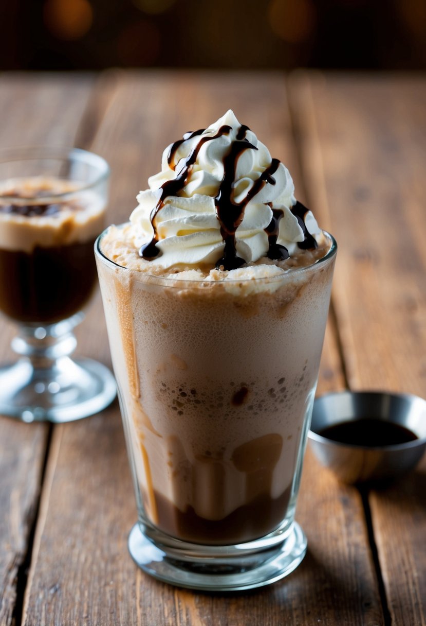 A glass filled with frozen mudslide delight, topped with whipped cream and drizzled with Kahlua, sits on a rustic wooden table