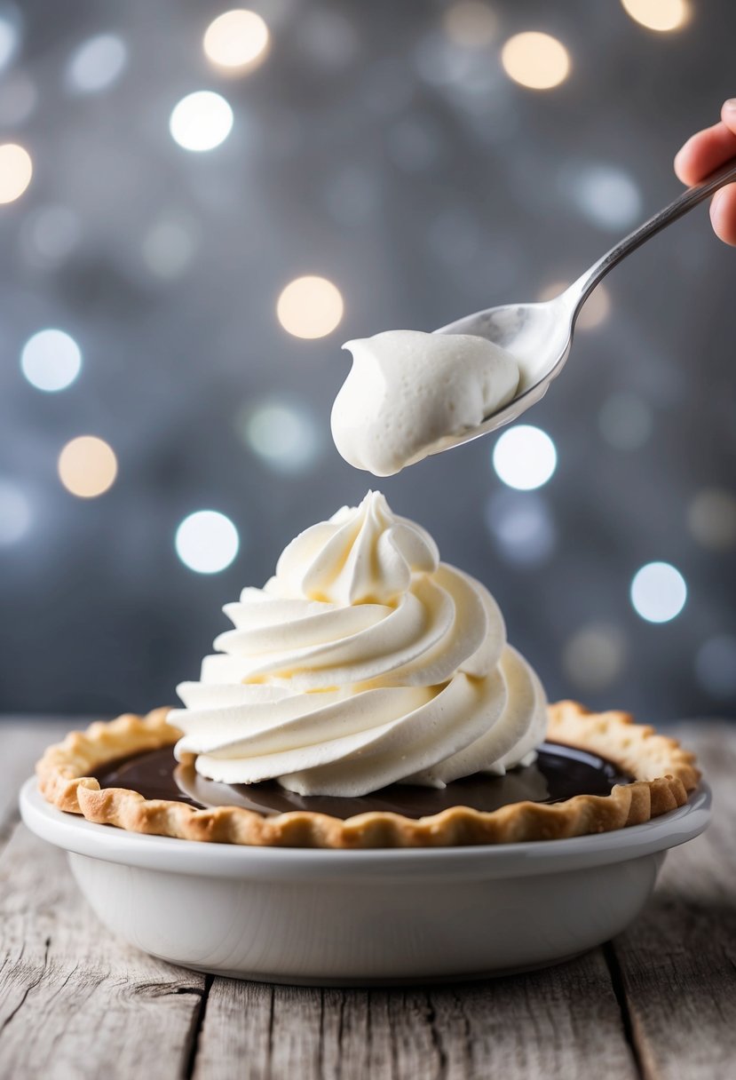 A bowl of whipped cream atop a slice of pie, with a dollop of cream being added from a spoon