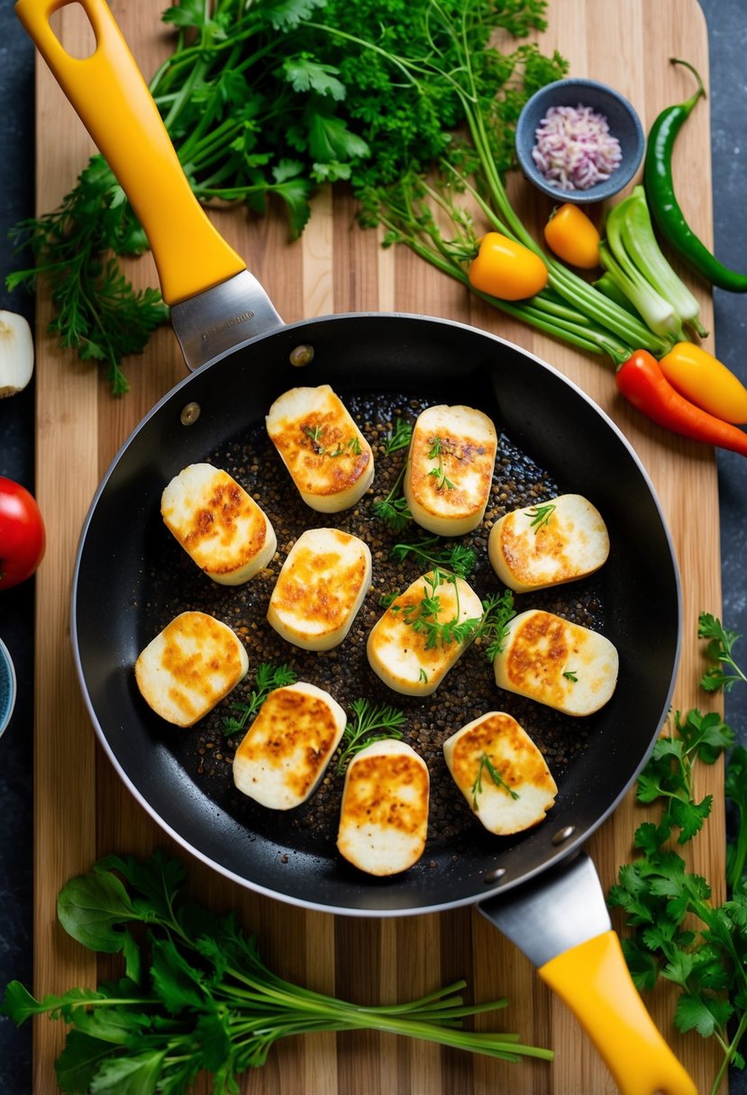 A sizzling pan with golden-brown halloumi slices, surrounded by colorful vegetables and fresh herbs on a wooden cutting board