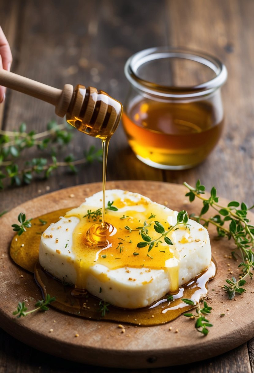 A sizzling piece of golden halloumi drizzled with honey and sprinkled with fresh thyme on a rustic wooden board