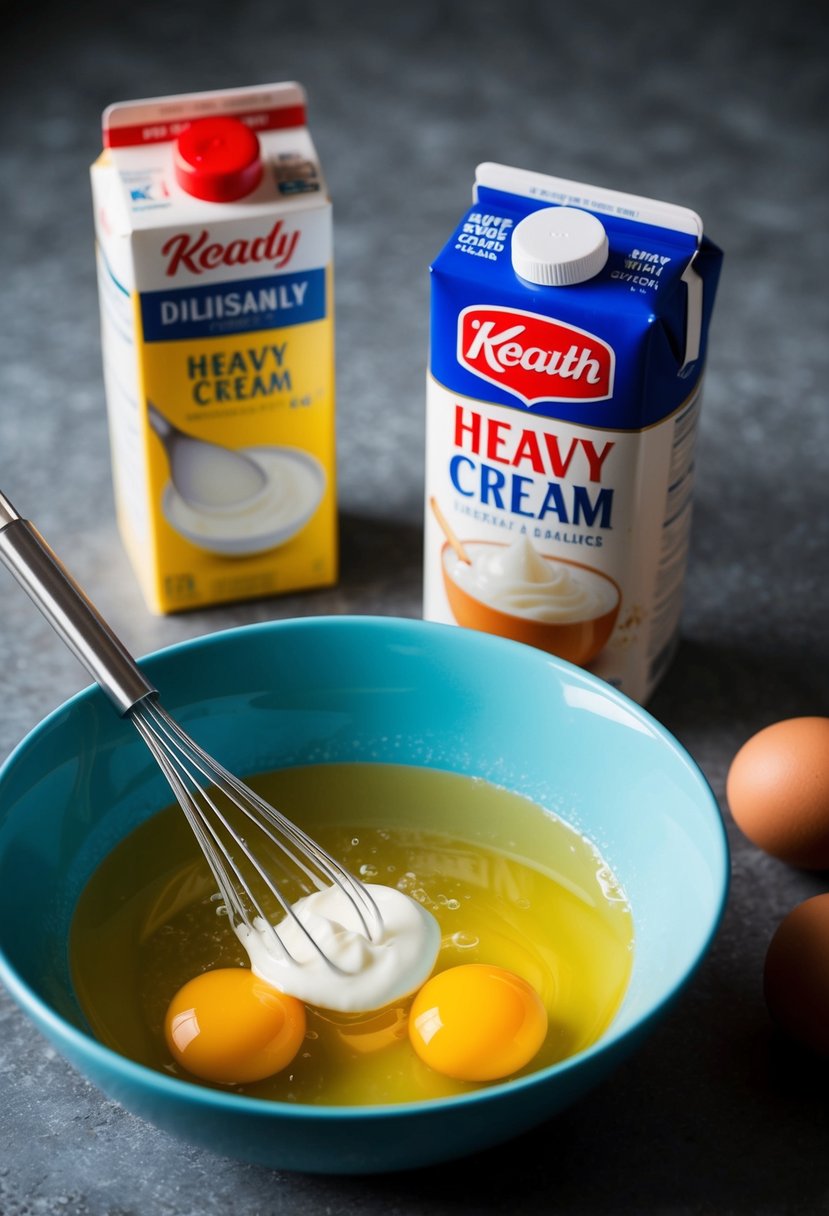 A bowl of beaten eggs sits next to a carton of heavy cream, with a whisk and a dollop of cream on top