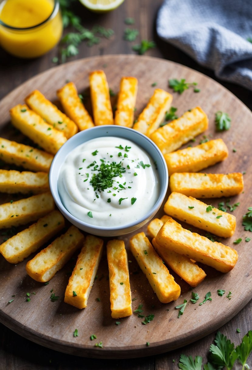 Golden halloumi fries arranged with a dollop of yogurt dip on a rustic wooden board. A sprinkle of herbs adds a pop of color