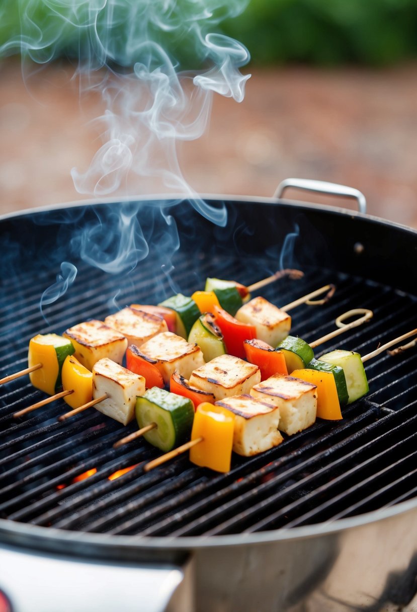 Grilled halloumi and vegetable skewers sizzling on a barbecue grill. Smoke rising, colorful vegetables and cheese browning