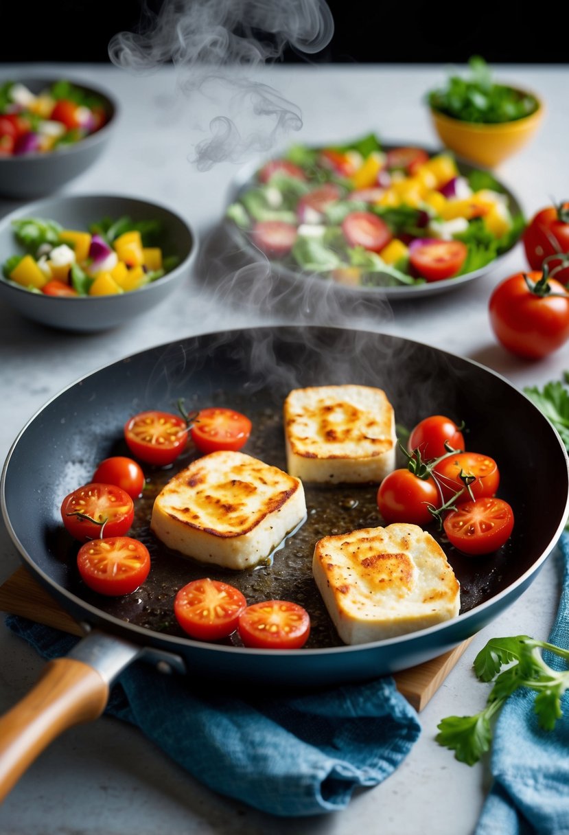 Sizzling halloumi and tomatoes in a hot pan, steam rising, with vibrant salad ingredients nearby