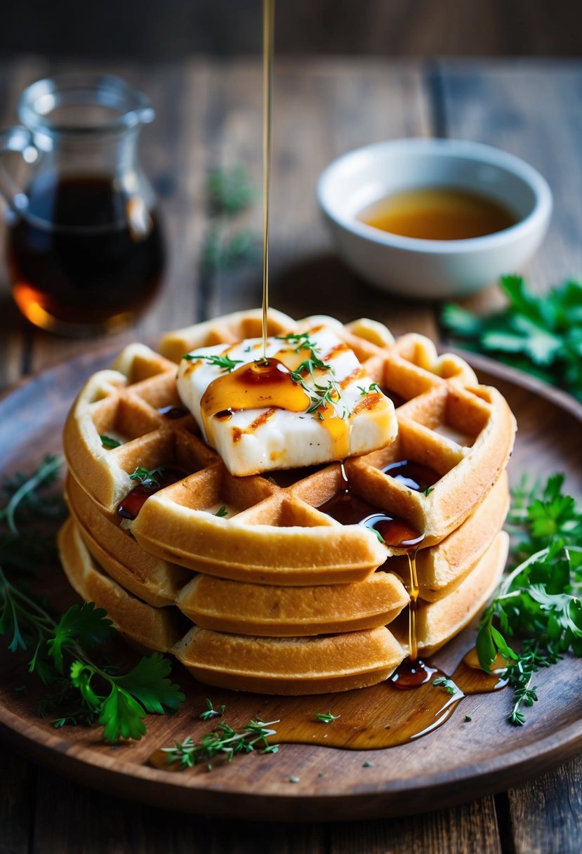 Golden waffles topped with grilled halloumi, drizzled with maple syrup, and garnished with fresh herbs on a rustic wooden platter