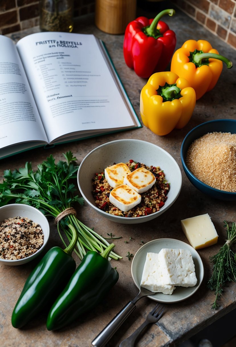 A rustic kitchen counter with ingredients - bell peppers, halloumi cheese, quinoa, fresh herbs, and cooking utensils. A recipe book open to a page titled "Stuffed Peppers with Halloumi and Quinoa" lies nearby