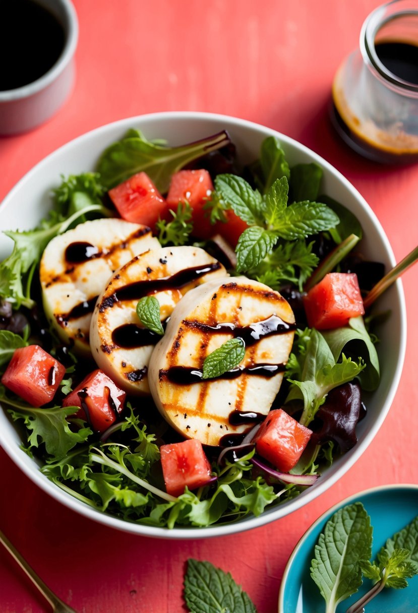 A colorful salad bowl with grilled halloumi, watermelon chunks, fresh mint, and mixed greens, drizzled with balsamic glaze