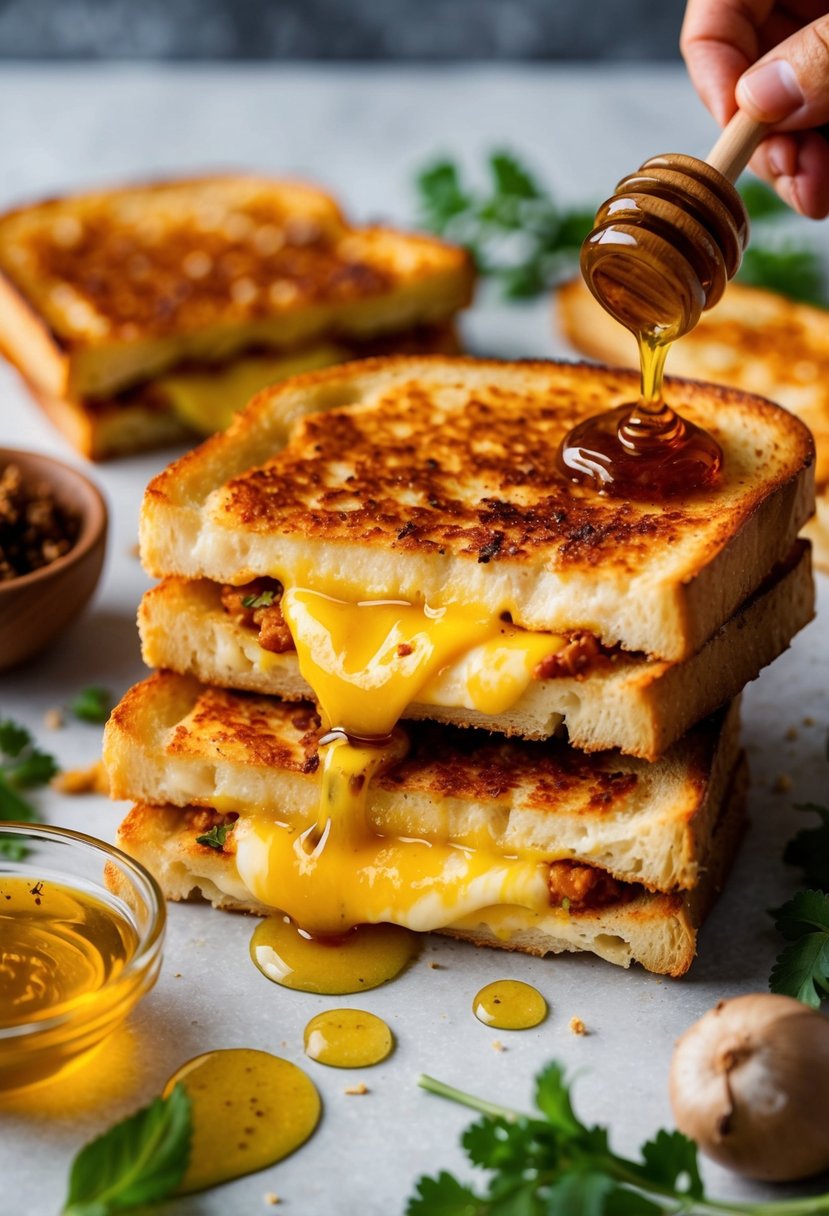 A golden-brown halloumi toastie oozing with melted cheese, drizzled with spicy harissa and sweet honey, surrounded by fresh ingredients