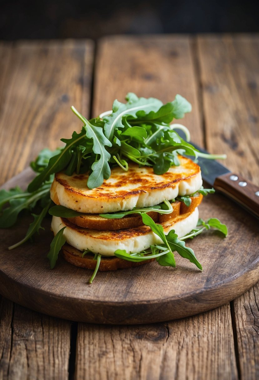 A sizzling halloumi sandwich topped with fresh arugula on a rustic wooden cutting board