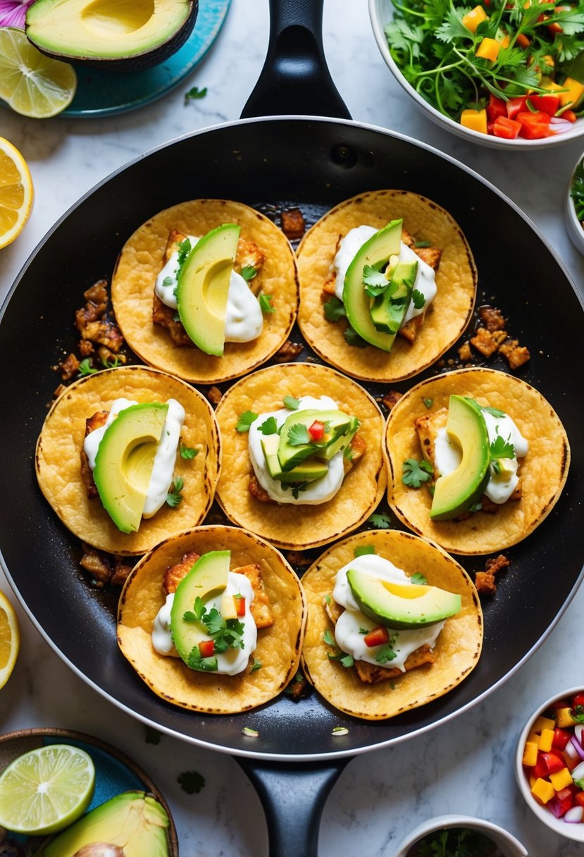 A sizzling pan of golden halloumi tacos topped with creamy avocado, surrounded by colorful ingredients and vibrant garnishes