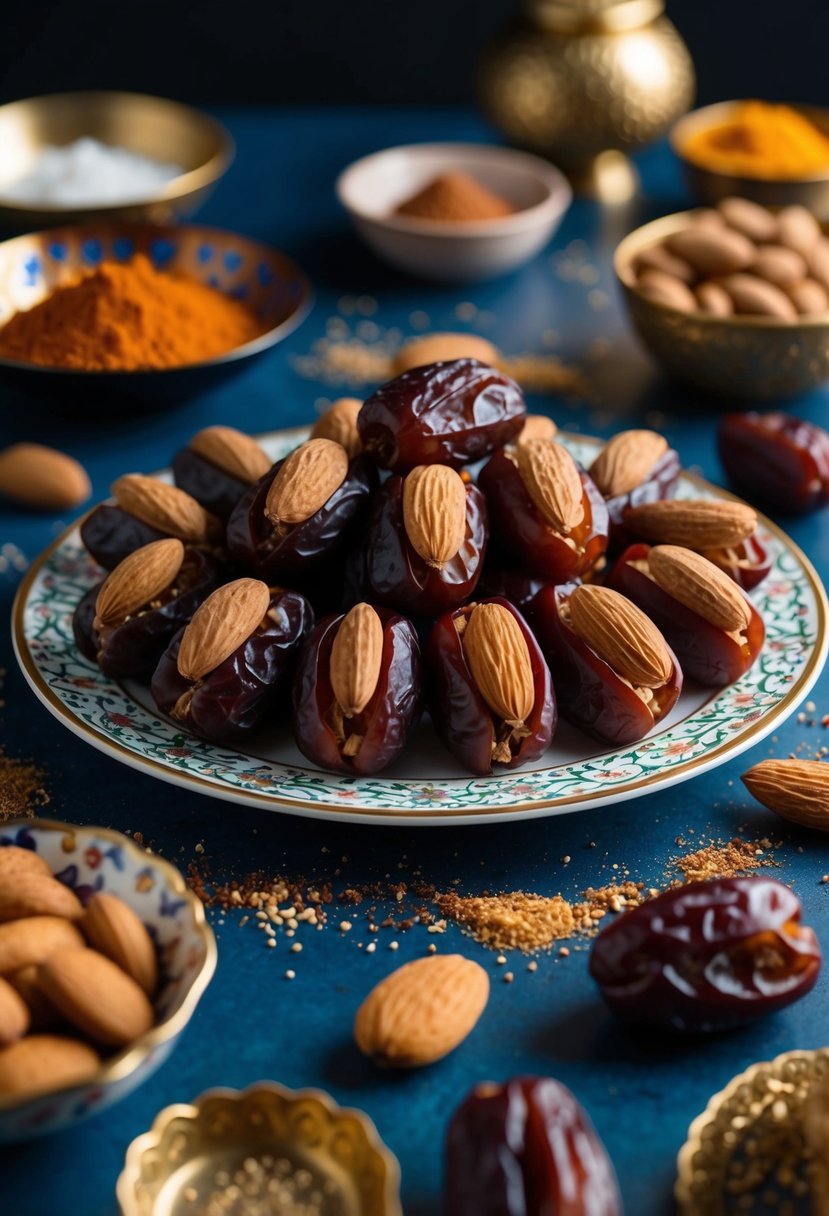 A platter of stuffed dates with almonds, surrounded by scattered spices and a decorative table setting for iftar