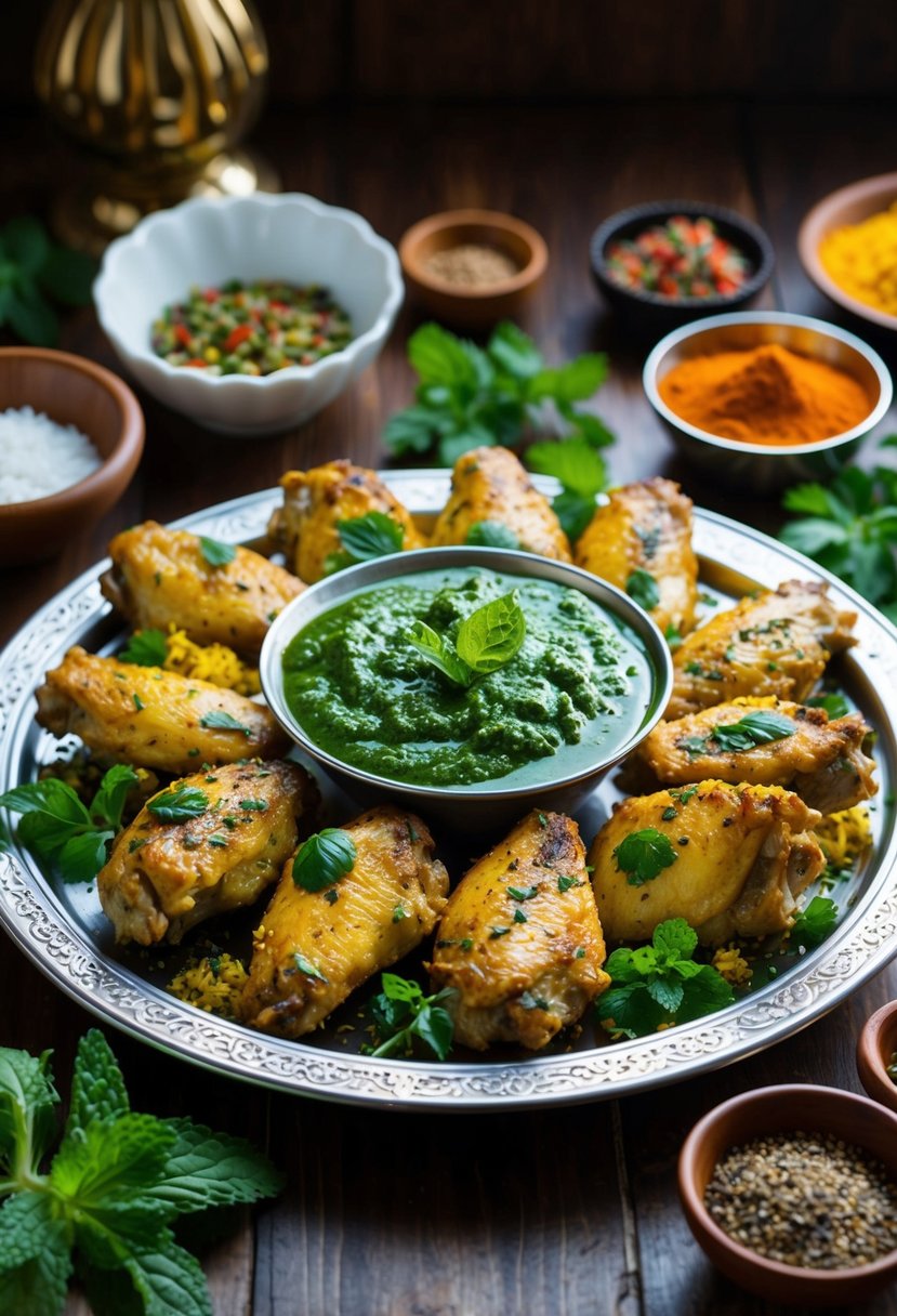 A platter of mint chutney chicken wings surrounded by colorful spices and herbs, ready to be served for iftar