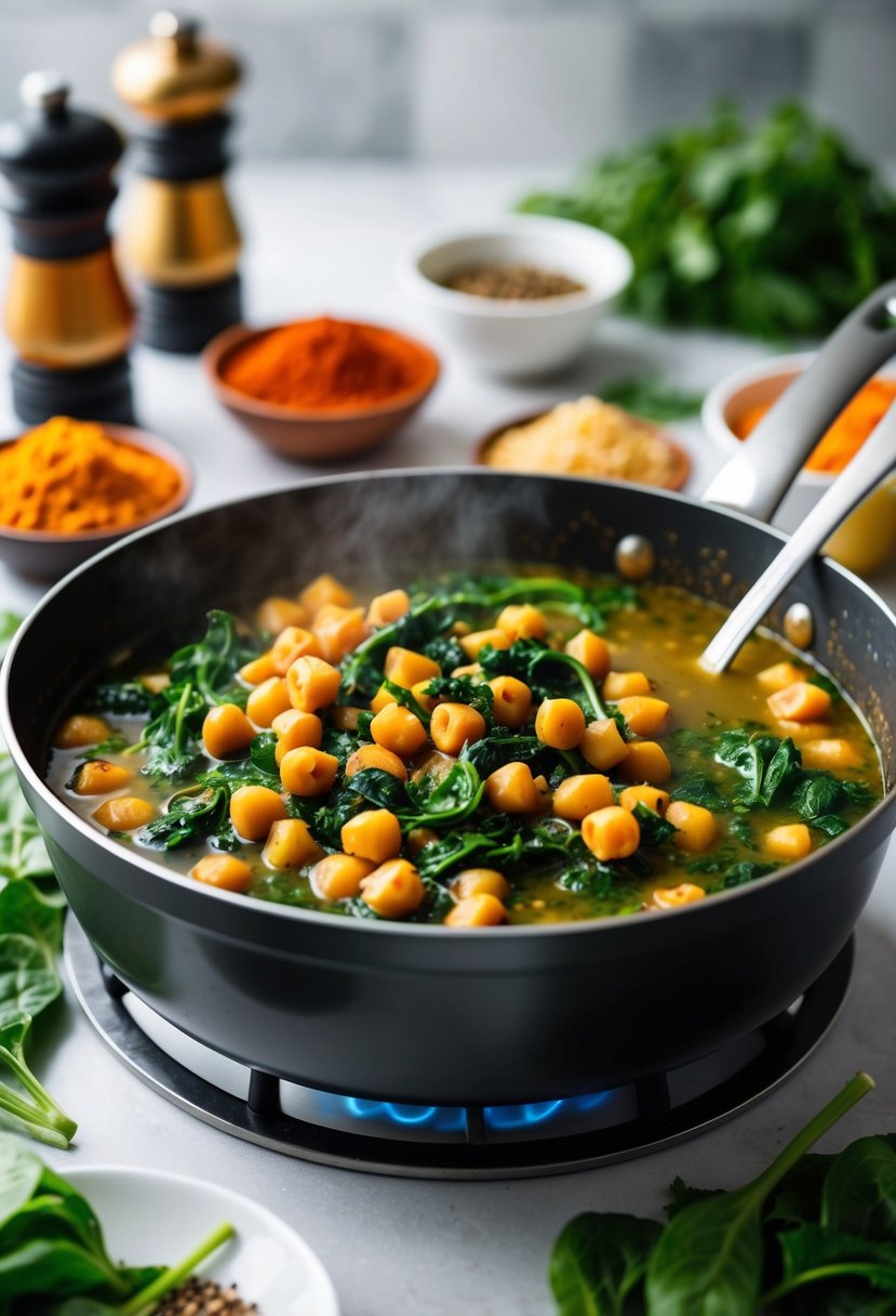 A simmering pot of chickpea and spinach stew surrounded by colorful spices and fresh ingredients on a kitchen counter