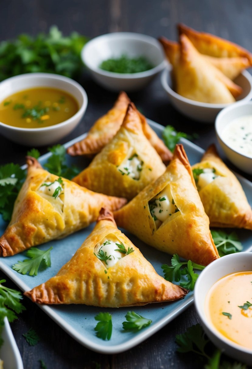 A table set with golden, crispy samosas filled with cheese and herbs, surrounded by bowls of dipping sauces and fresh herbs