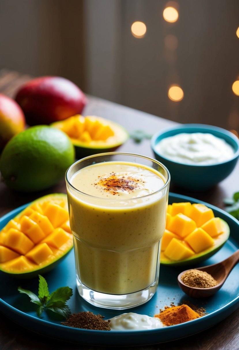 A glass of mango lassi smoothie surrounded by fresh mangoes, yogurt, and spices on a table