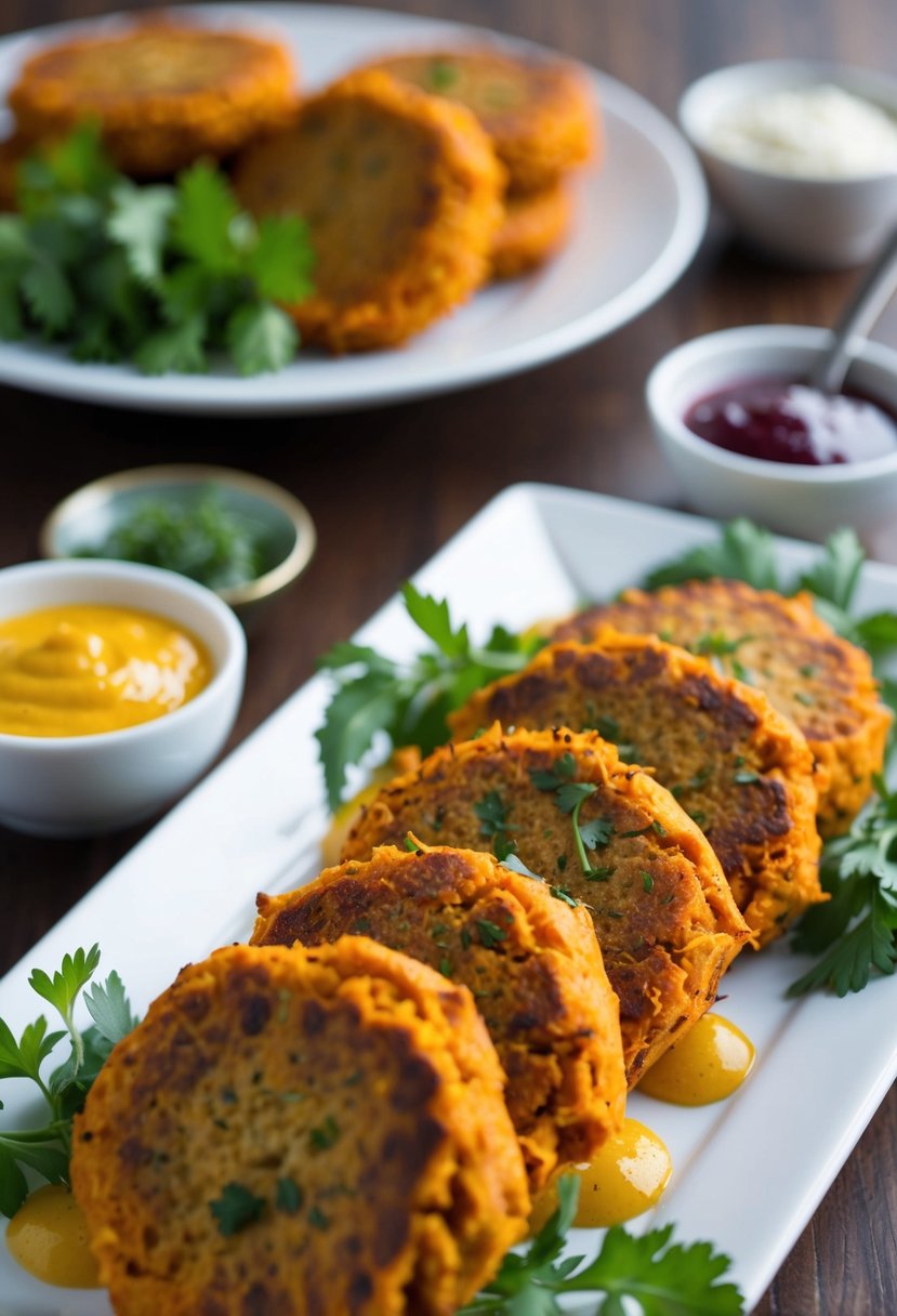 A table set with a platter of golden-brown sweet potato falafels, surrounded by fresh herbs and vibrant sauces