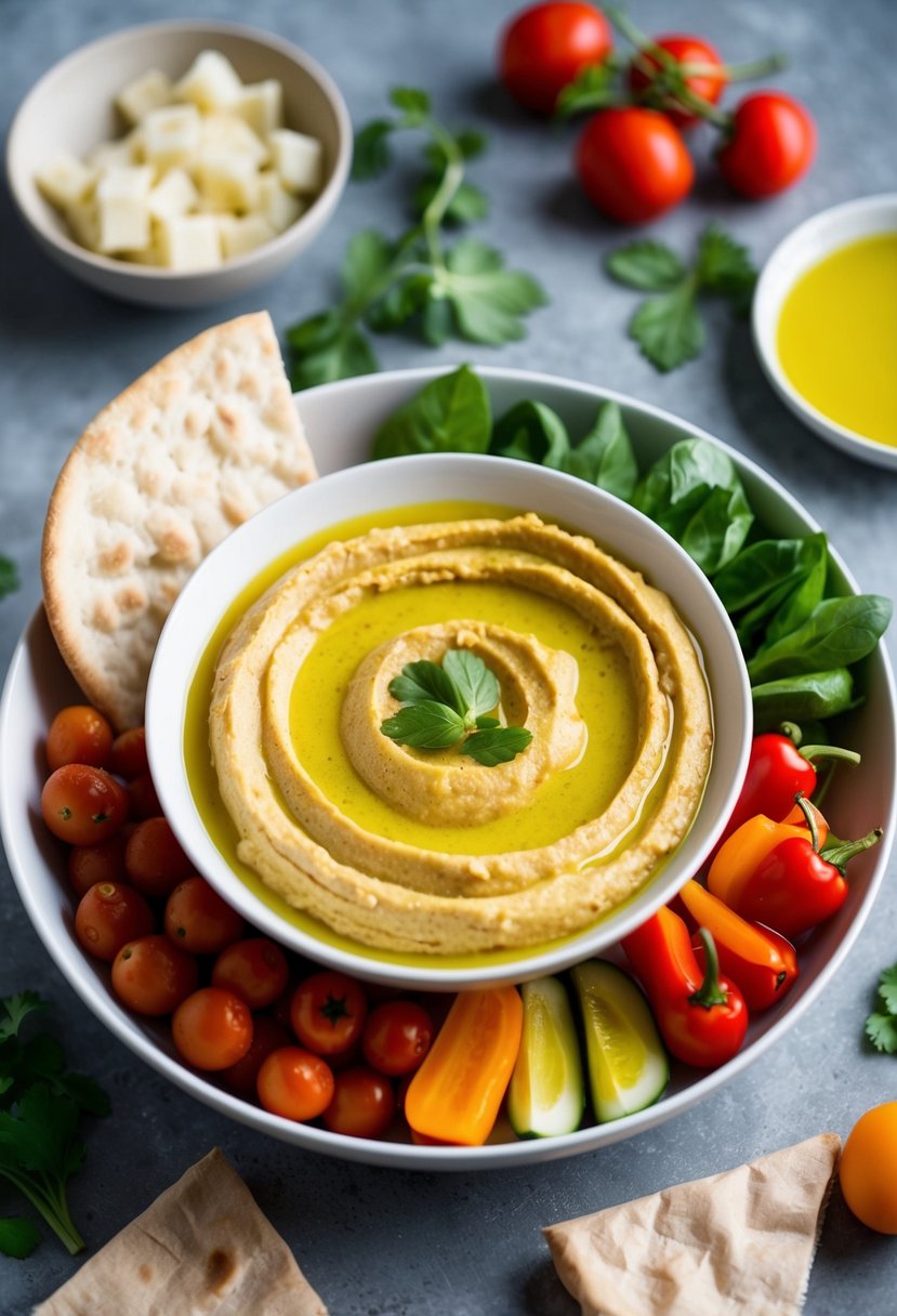 A bowl of creamy roasted red pepper hummus surrounded by pita bread, fresh vegetables, and a drizzle of olive oil