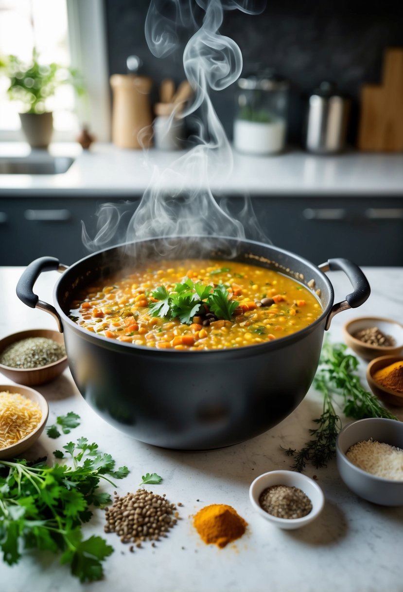 A steaming pot of spiced lentil and rice soup surrounded by various spices and herbs on a kitchen counter