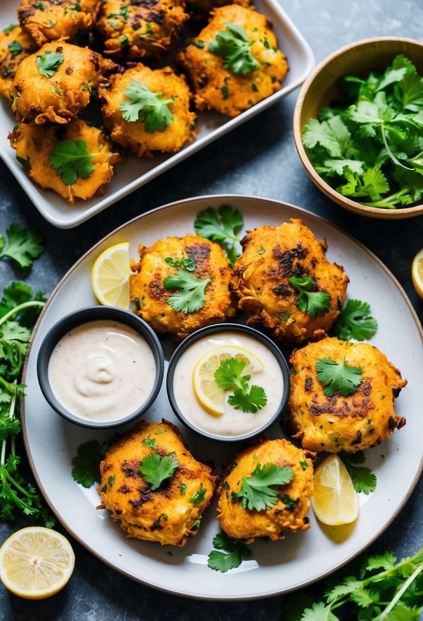 A plate of golden brown vegetable pakoras, surrounded by dipping sauce and garnished with fresh cilantro and lemon slices