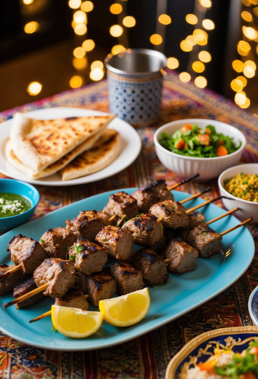 A table set with grilled lamb kebabs, pita bread, and various side dishes for iftar