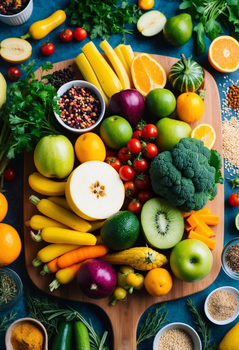 A colorful array of fresh fruits, vegetables, and whole grains arranged on a wooden cutting board, surrounded by vibrant herbs and spices