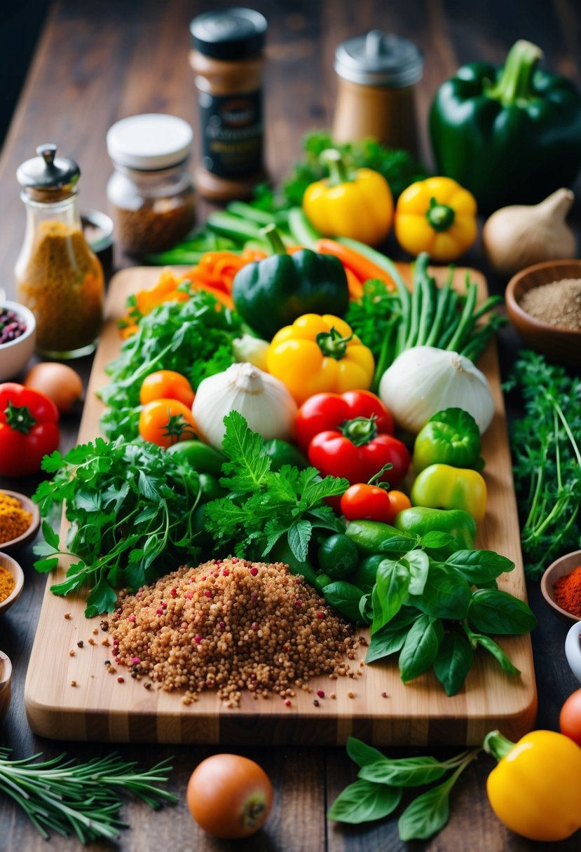 A colorful array of fresh vegetables, quinoa, and herbs arranged on a wooden cutting board, surrounded by a variety of spices and condiments