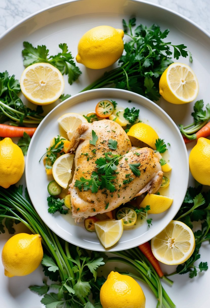 A bright, zesty lemon chicken dish surrounded by vibrant, fresh ingredients like lemons, herbs, and vegetables on a clean, white plate