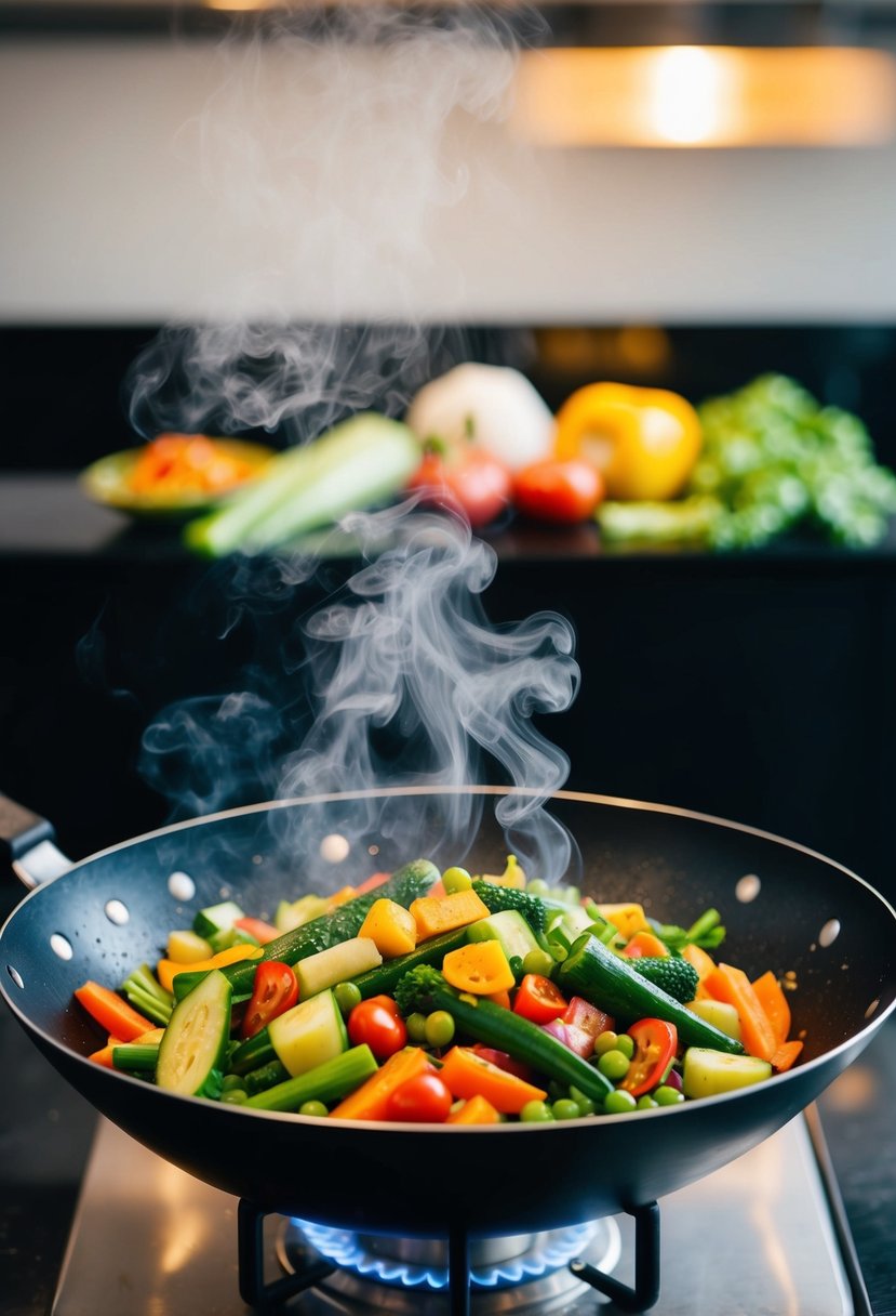 A colorful array of fresh vegetables sizzling in a wok, emitting aromatic steam