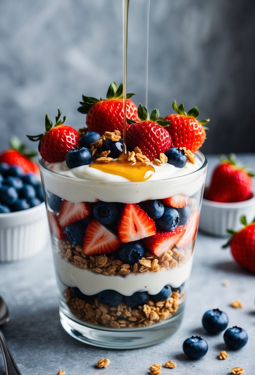 A glass parfait dish filled with layers of creamy yogurt, vibrant red strawberries, and plump blueberries, topped with a sprinkle of granola and a drizzle of honey