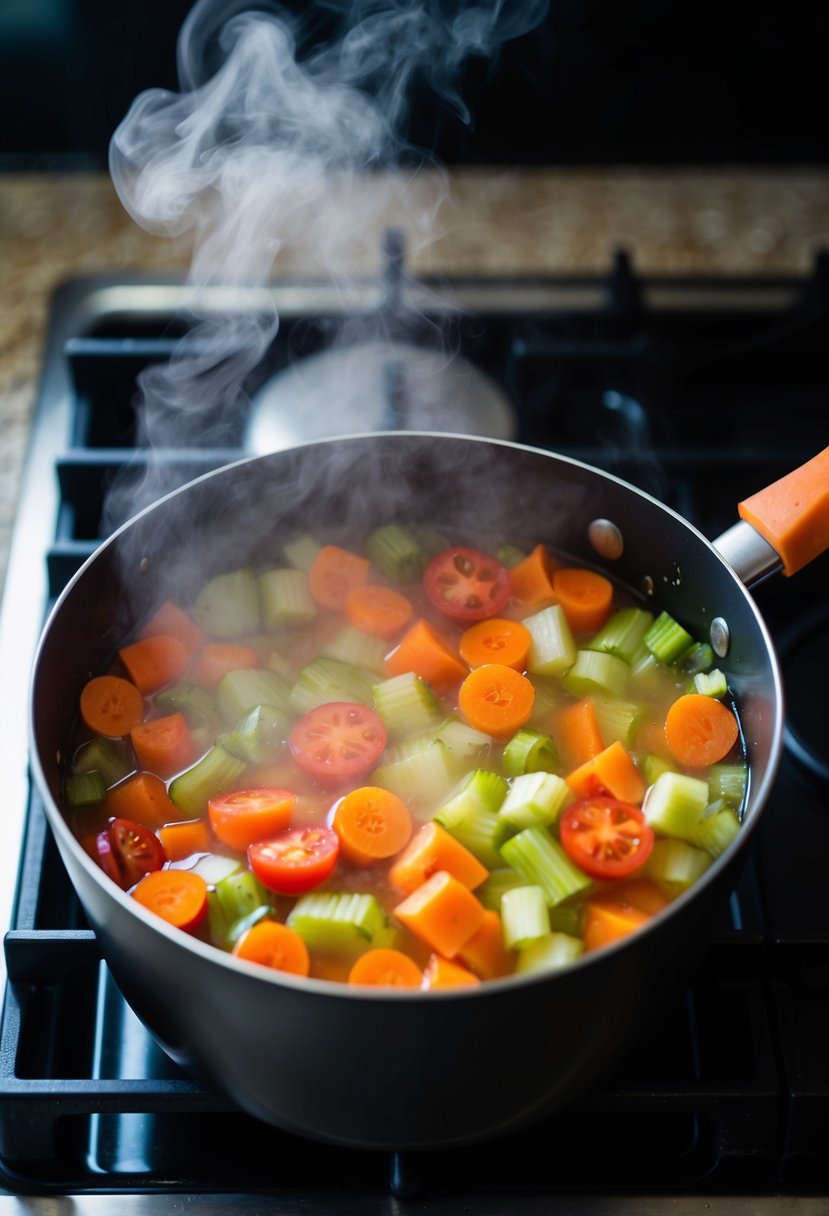 A pot of colorful vegetables simmering in a fragrant broth on a stovetop. Chopped carrots, celery, and tomatoes fill the scene, with steam rising from the pot