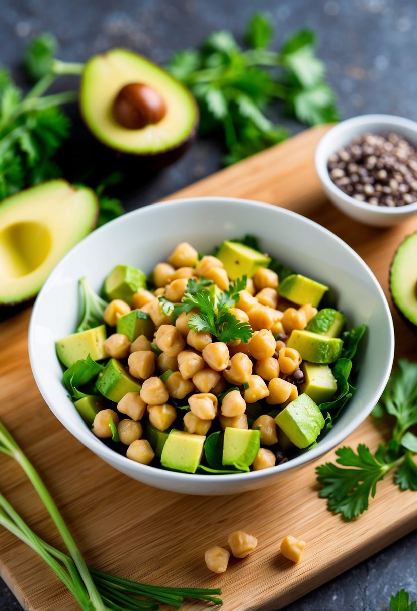 A bowl of chickpea avocado salad surrounded by fresh ingredients on a wooden cutting board