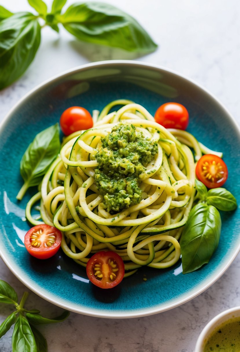 A plate of zucchini noodles topped with vibrant green pesto, surrounded by fresh basil leaves and cherry tomatoes