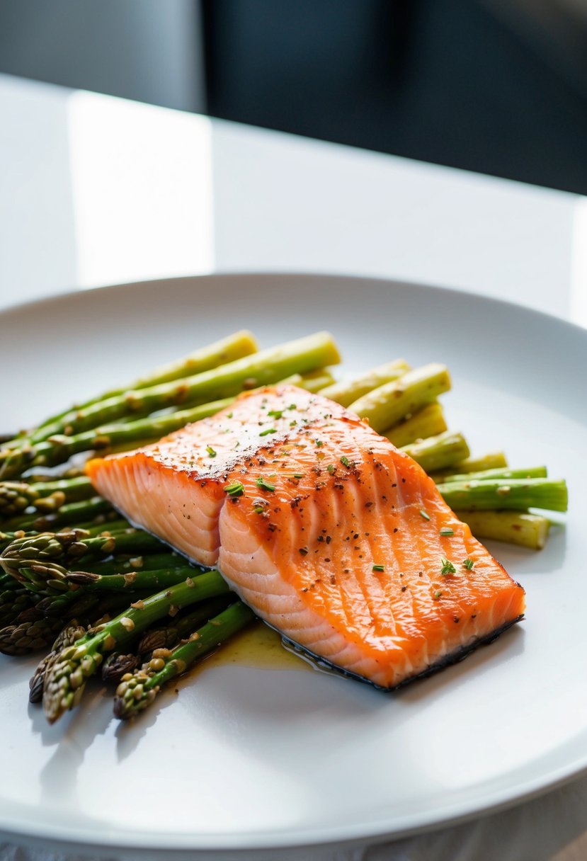 A sizzling salmon fillet sits alongside a bed of roasted asparagus on a sleek, modern plate. The vibrant colors of the dish pop against a clean, white background