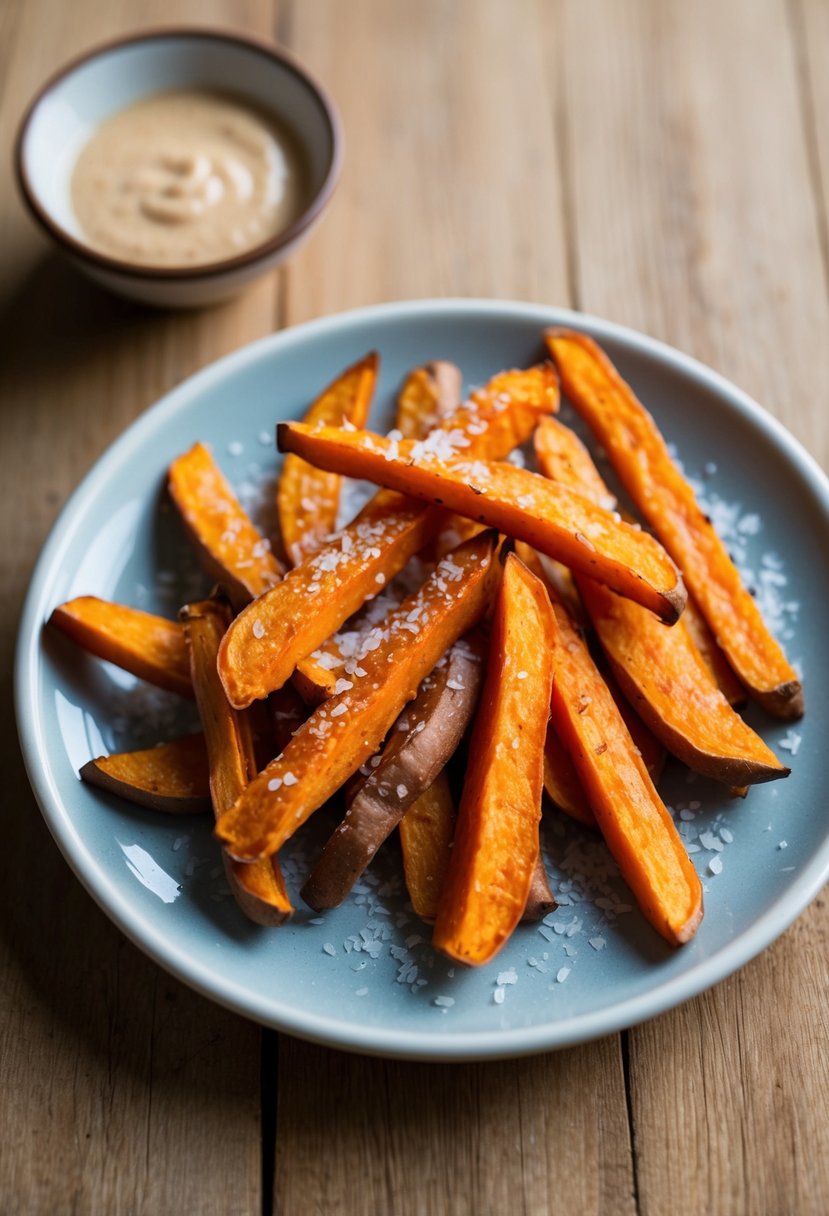 A plate of golden-brown sweet potato fries with a sprinkle of sea salt, served alongside a small dish of dipping sauce