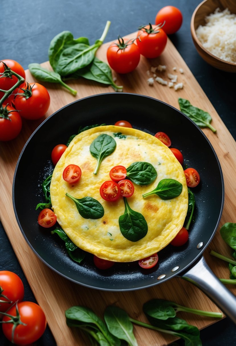 A sizzling omelette in a non-stick pan, filled with vibrant green spinach and juicy red tomatoes, surrounded by fresh ingredients on a wooden cutting board