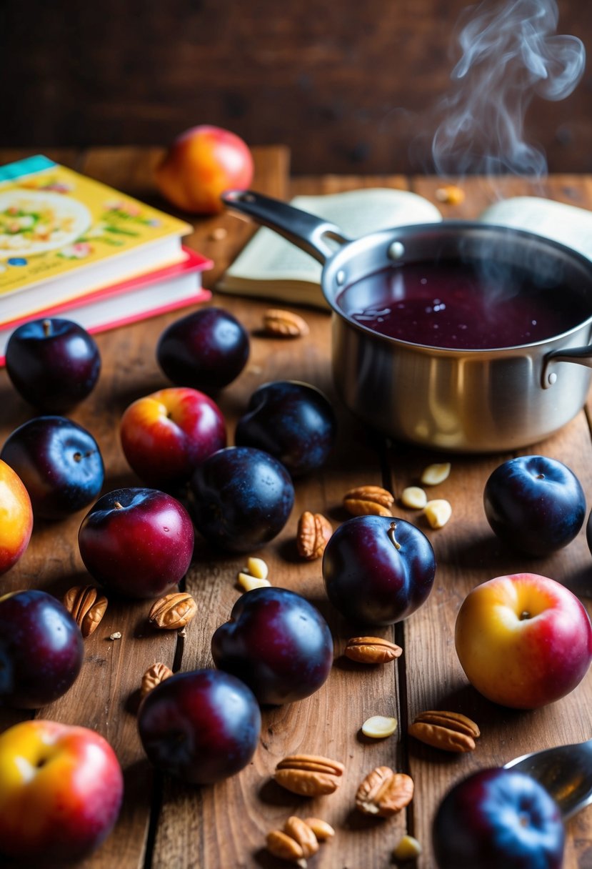 Fresh plums scattered on a wooden table, surrounded by baking ingredients and recipe books. A pot of simmering plum sauce steams on the stove