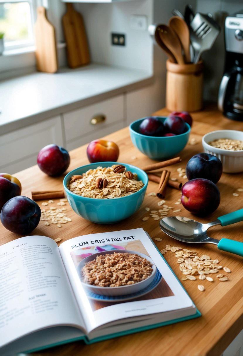 A kitchen counter with fresh plums, oats, and cinnamon, surrounded by baking utensils and a recipe book open to "Plum Crisp Delight."