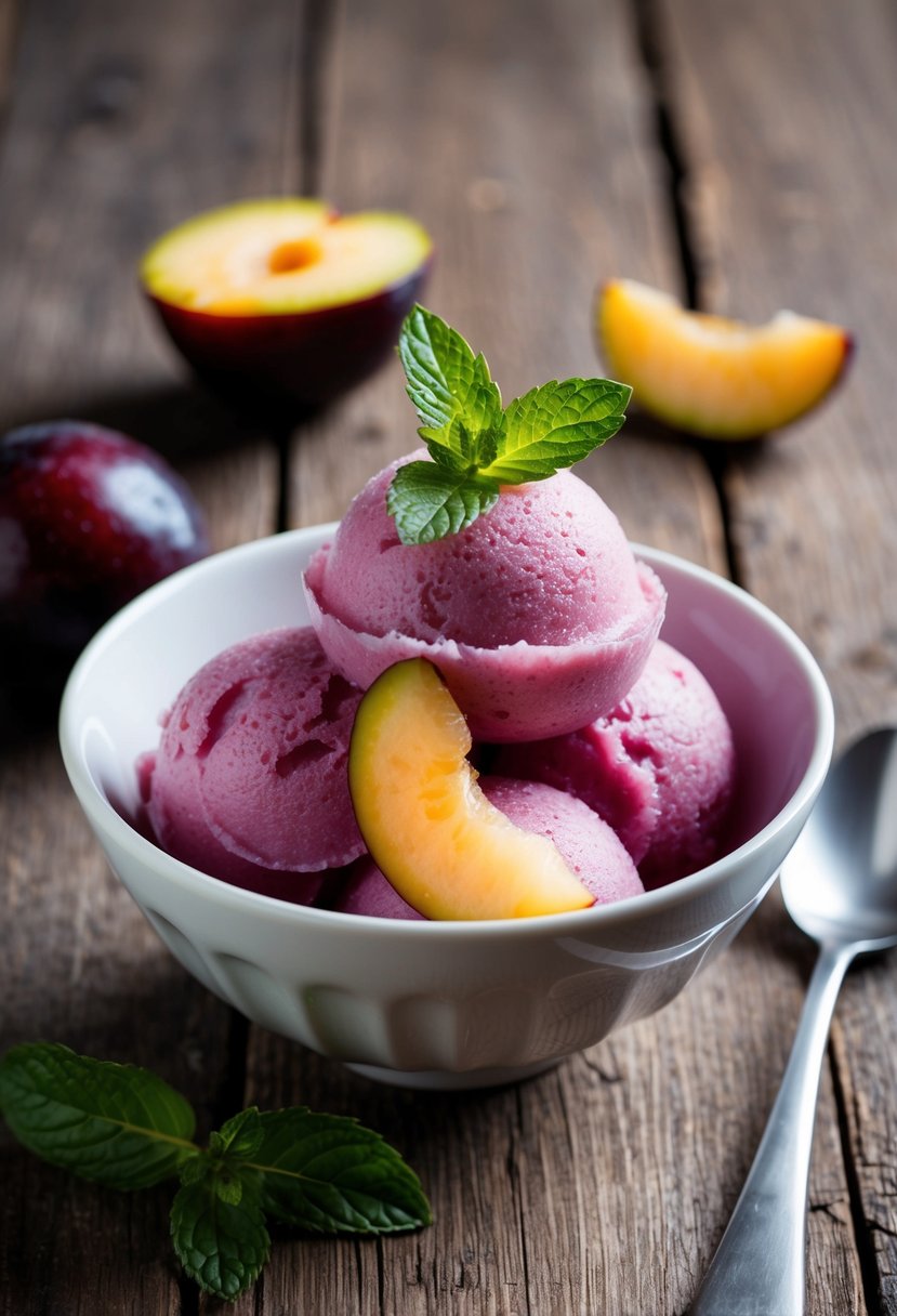 A bowl of tangy plum sorbet topped with fresh plum slices and mint leaves on a rustic wooden table