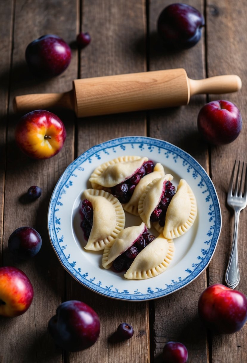 A rustic kitchen table set with a plate of plum-stuffed perogies, surrounded by scattered fresh plums and a rolling pin