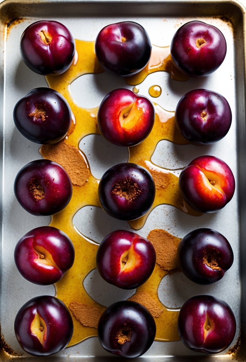 Fresh plums arranged on a baking sheet, drizzled with honey and sprinkled with cinnamon, ready to be roasted